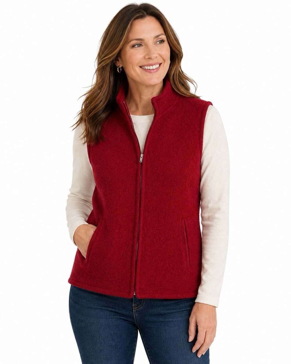 Talbots Red 100% Wool Zip Front Fleece Vest Women’s Size S Classic
